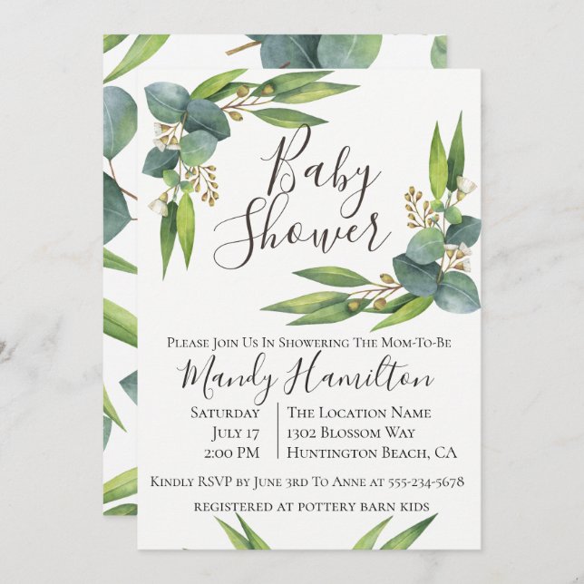 Baby shower Eucalyptus vert Invitation (Devant / Derrière)
