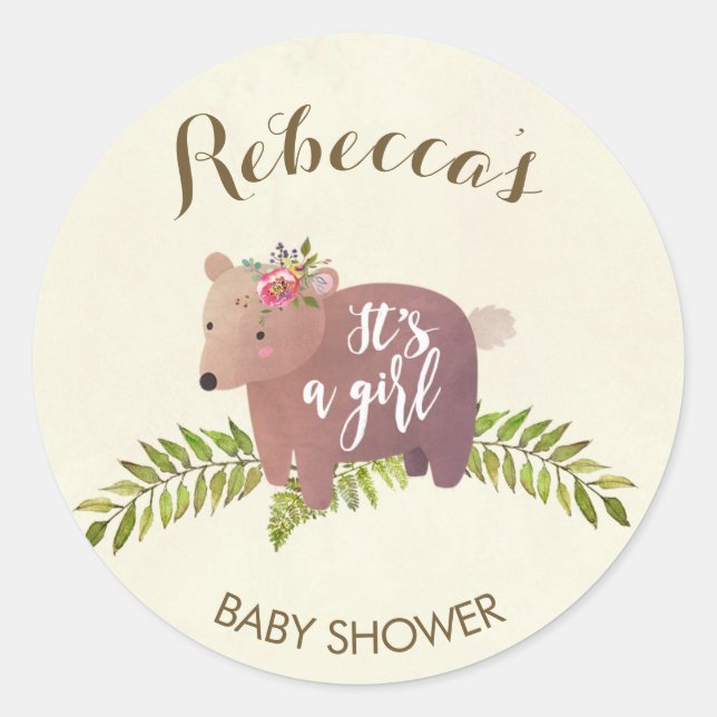baby shower faveur autocollant woodland bear girl (Devant)