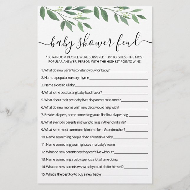 Baby shower Feud jeu avec réponses (Devant)
