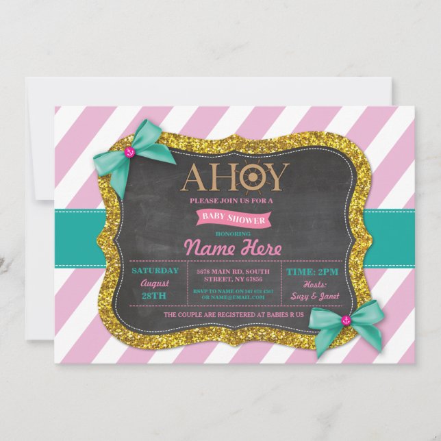 Baby shower Fille Ahoy Bows mignon Invitation rose (Devant)