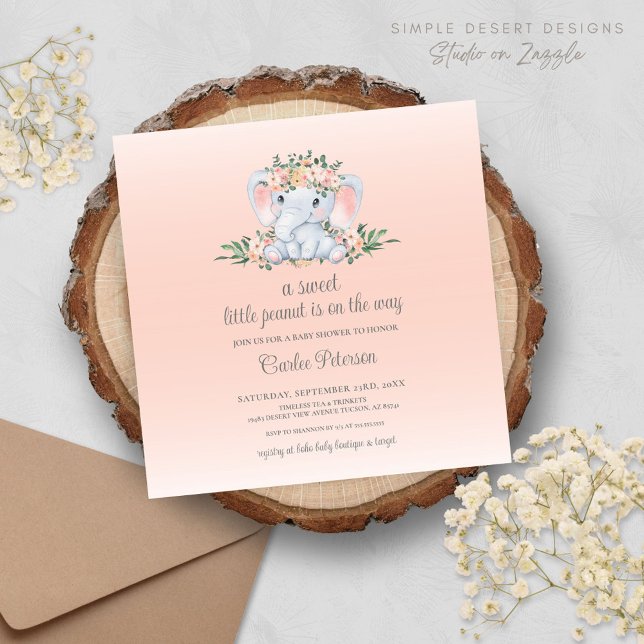 Baby Shower Fille Éléphant Floral Moderne (Cute Modern Blush Pink Baby Shower Invitation with Elephant and Floral Greenery)