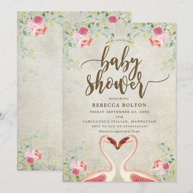 baby shower flamand rose floral moderne invitation (Devant / Derrière)