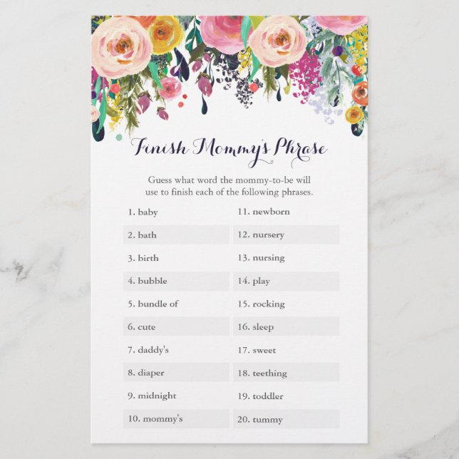 Baby shower Fleur Finish Mommy's Phrase Game (Devant)
