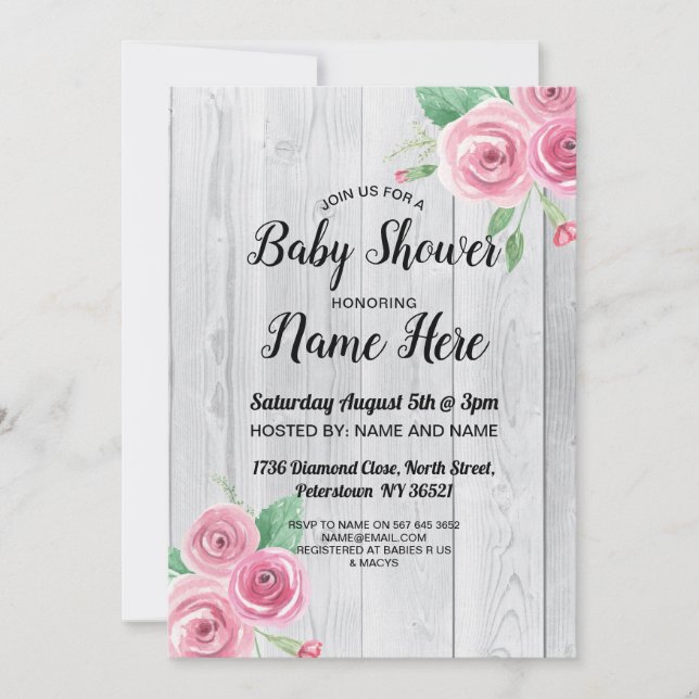 Baby shower Fleur Invitation Bois Floral Roses Ros (Devant)
