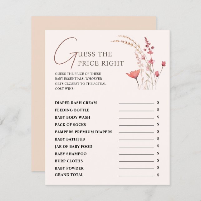 Baby shower fleur sauvage Devine Le Prix Bon Jeu (Devant / Derrière)