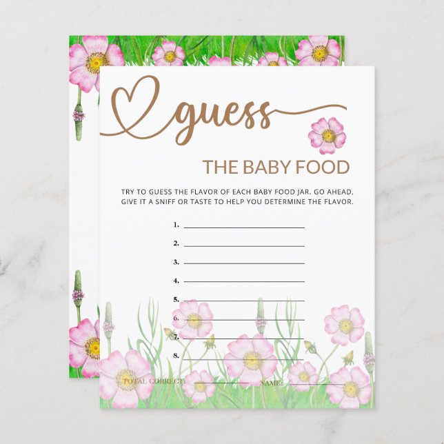 Baby shower fleur sauvage Guess the Baby Food Card (Devant / Derrière)