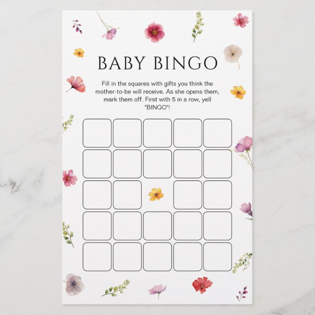 Baby shower fleur sauvage Jeu de Bingo (Devant)