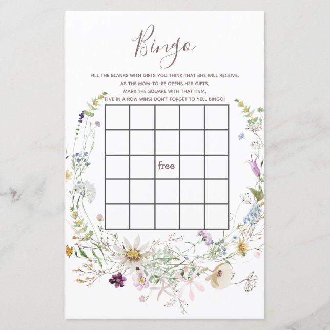 Baby shower fleur sauvage Jeu de Bingo (Devant)