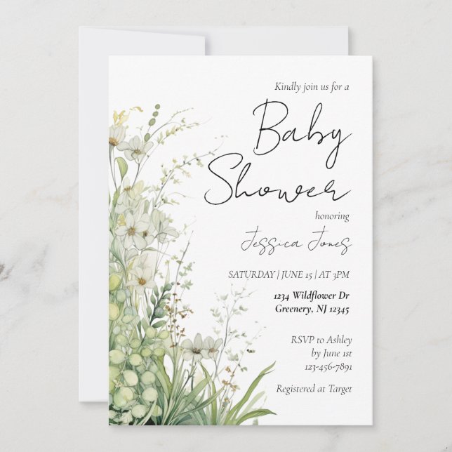 Baby shower Fleur sauvage vert Invitation (Devant)