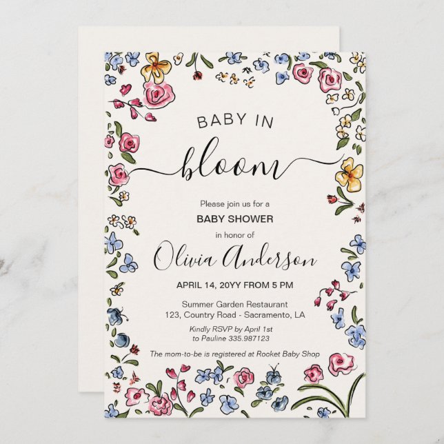 baby shower fleuri crème élégant invitation (Devant / Derrière)