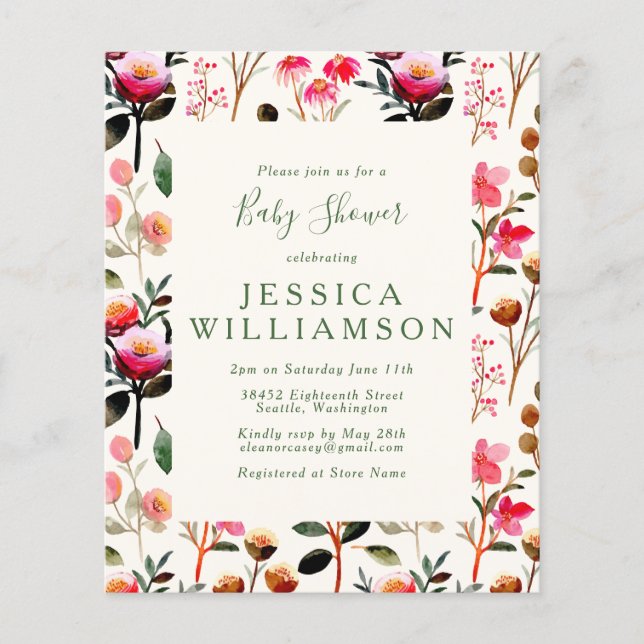 Baby-Shower Fleurs Aquarelle Rose Vert Pas Cher (Devant)