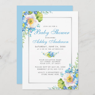 Baby shower Floral Aquarelle Bleue Invitation