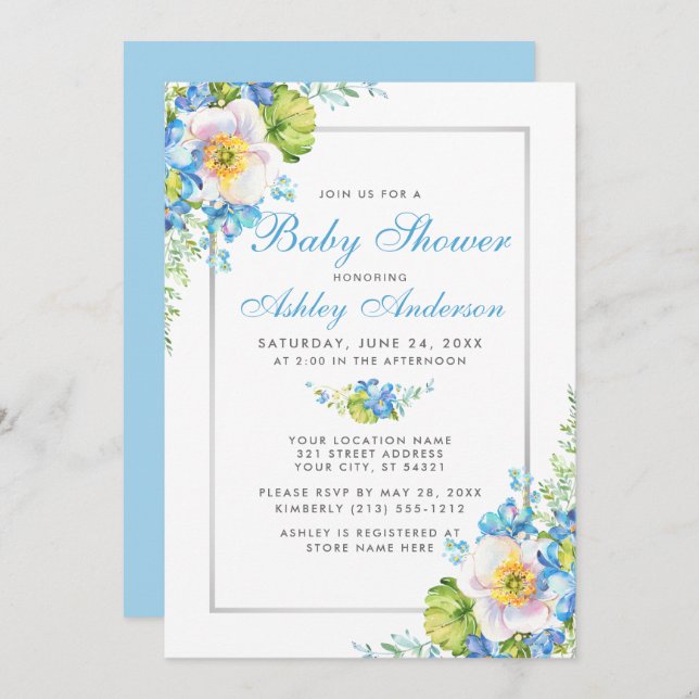 Baby shower Floral Aquarelle Bleue Invitation (Devant / Derrière)