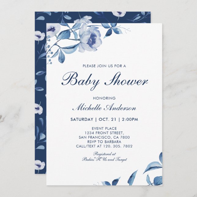 Baby shower Floral Aquarelle Bleue Invitation (Devant / Derrière)