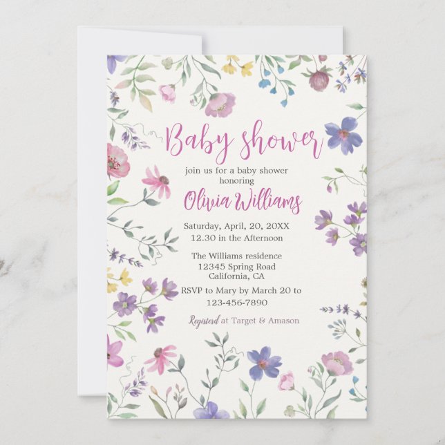 Baby shower floral aquarelle Invitation (Devant)