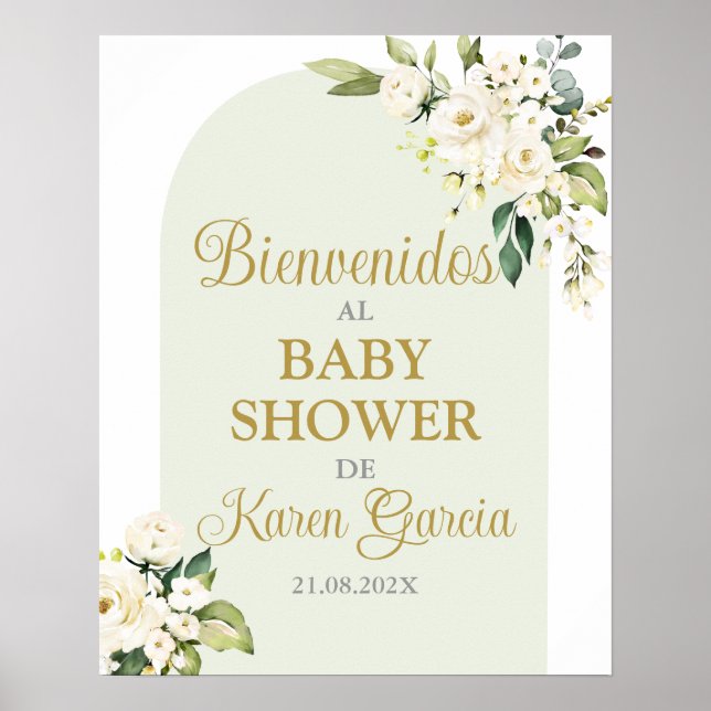 Baby shower floral blanc garçon Affiche de bienven (Devant)