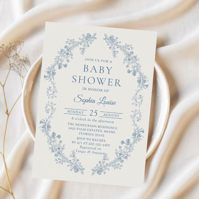 Baby shower Floral bleu Chinoiserie Invitation (Créateur téléchargé)