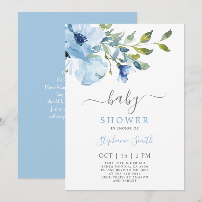 Baby shower Floral Bleu Invitation garçon (Devant / Derrière)
