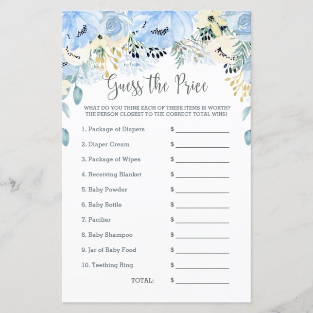 Baby shower Floral bleu Jeu Devinez le prix (Devant)