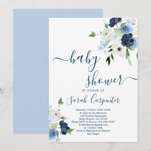 Baby shower floral bleu marine Invitation garçon