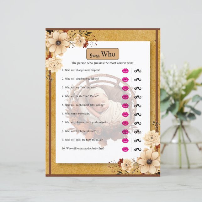 Baby shower Floral Boho Rustique Devinez Qui Joue (Debout devant)