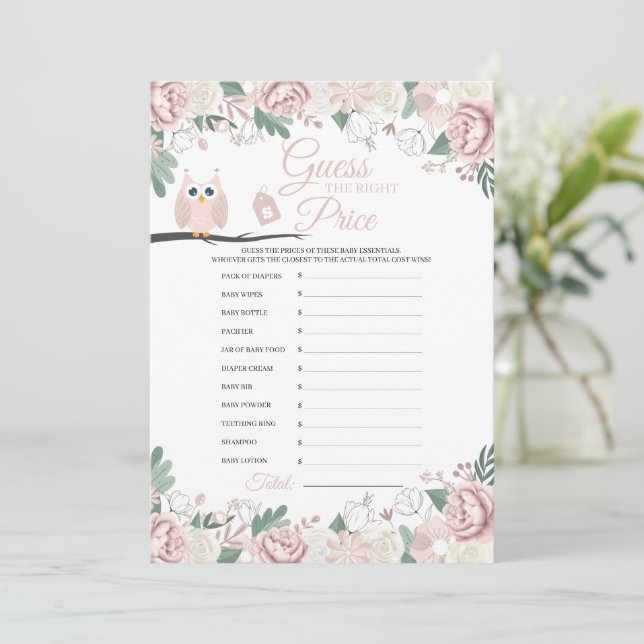 Baby shower Floral Chouette rose Carte de prix (Debout devant)