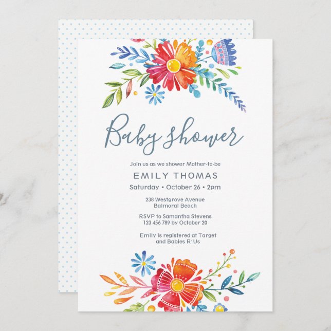 Baby shower floral coloré Invitation (Devant / Derrière)