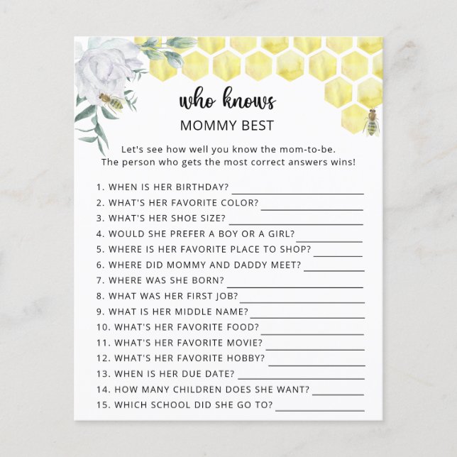 Baby shower floral d'abeille, qui connaît maman mi (Devant)