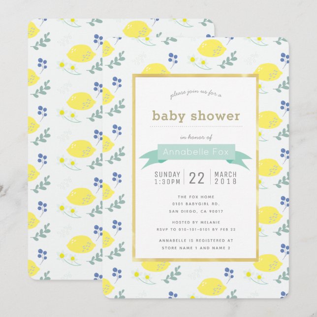 Baby shower Floral de citron blanc Invitation (Devant / Derrière)