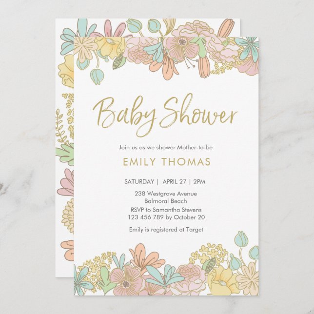 Baby shower floral de printemps d'or Invitation (Devant / Derrière)