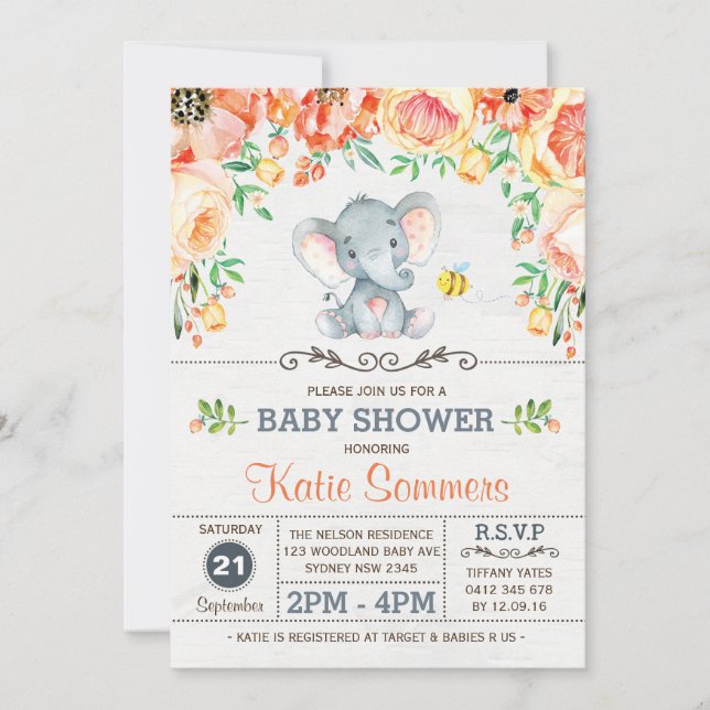 Baby shower Floral Elephant Invitation automnale (Devant)