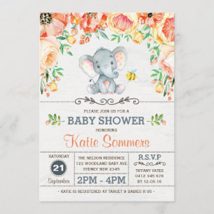 Baby shower Floral Elephant Invitation automnale