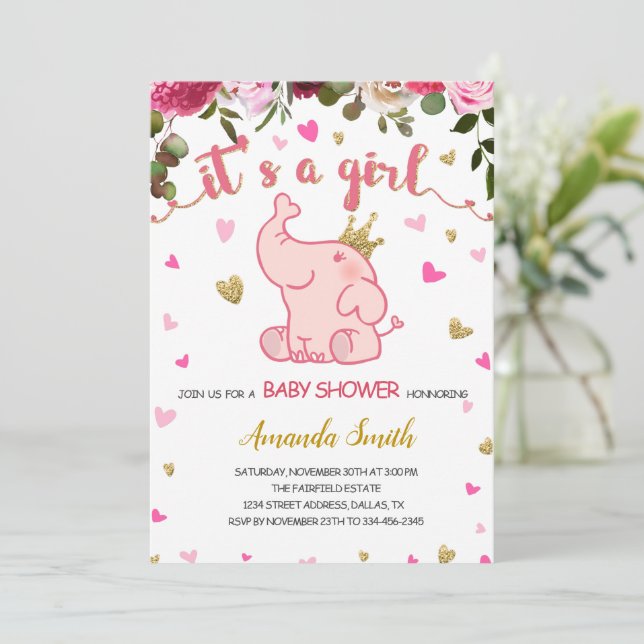 Baby shower floral éléphant Invitation carte fille (Debout devant)