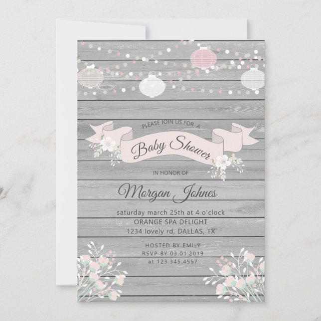 Baby shower floral en bois gris rustique Invitatio (Devant)