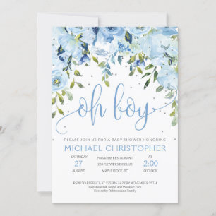 Baby shower floral et argenté bleu Invitation