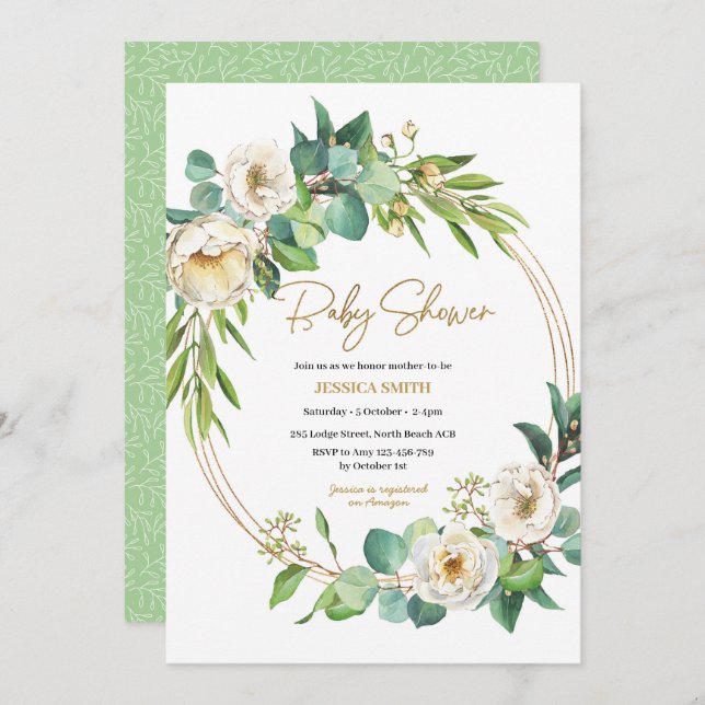 Baby shower floral or et blanc Invitation (Devant / Derrière)