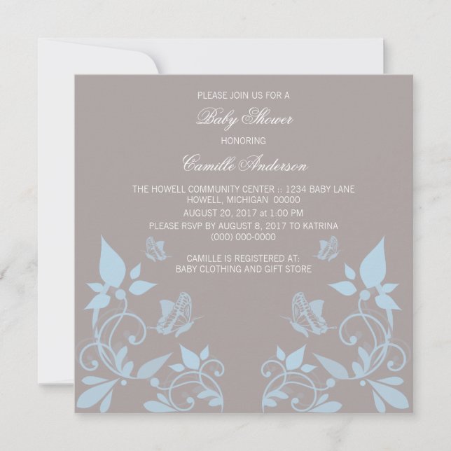 Baby shower Floral Papillon bleu Invitation (Devant)