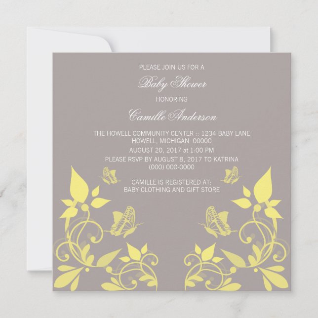 Baby shower floral papillon jaune Invitation (Devant)