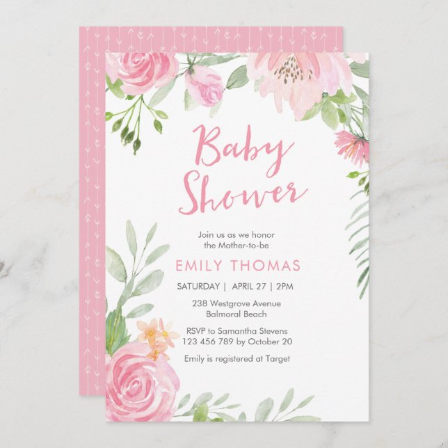 Baby shower floral rose vif Invitation (Devant / Derrière)