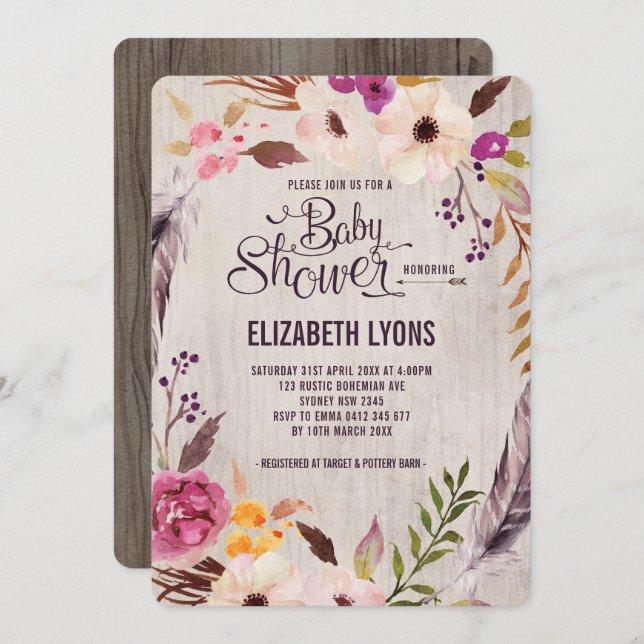 Baby shower floral russe Invitation Boho Party (Devant / Derrière)