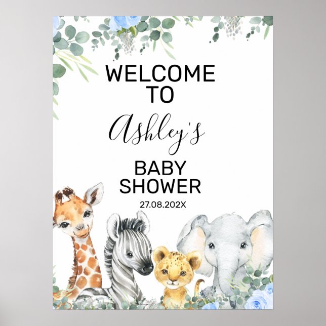 Baby shower Floral Safari bleu Affiche de bienvenu (Devant)