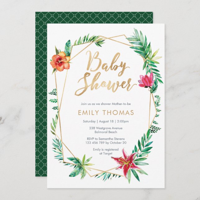 Baby shower floral tropical Invitation - neutre (Devant / Derrière)