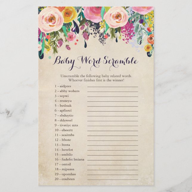 Baby shower Floral Word Scramble Cartes de jeu (Devant)
