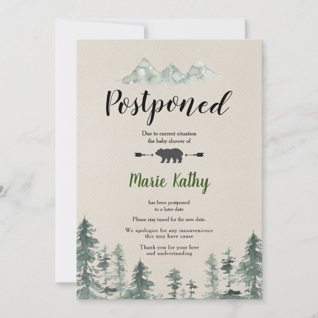 Baby shower forestier vert Faire-part reportée (Devant)