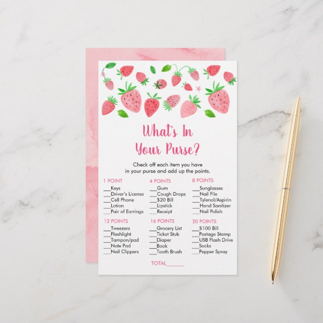 Baby shower fraise Ce qu'il y a dans votre sac à m (Devant/Arrière en situation)