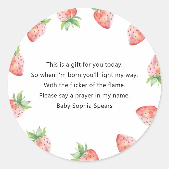 Baby shower fraise - Étiquette de bougie de prière (Devant)