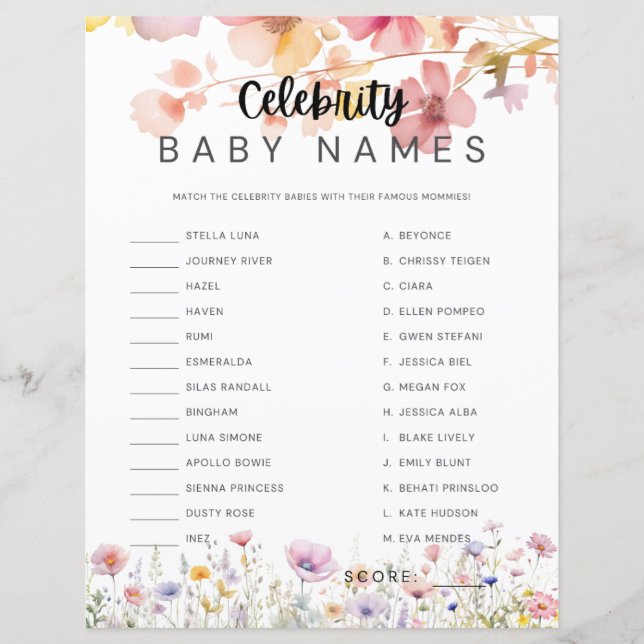 Baby shower Game Celebrity Baby Names Matching (Devant)