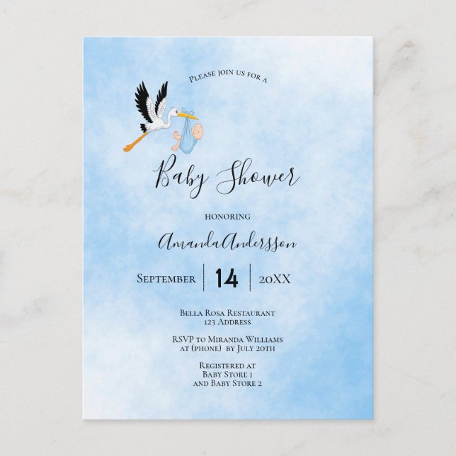 Baby shower garçon bleu cigogne invitation (Devant)