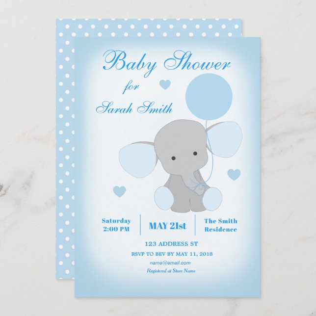 Baby shower garçon Blue Elephant Invitation (Devant / Derrière)