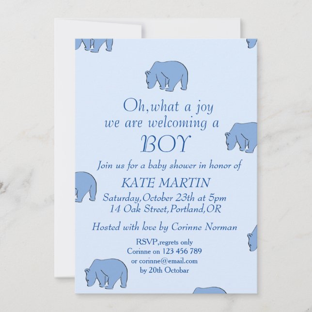 baby shower garçon carte d'invitation avec ours bl (Devant)